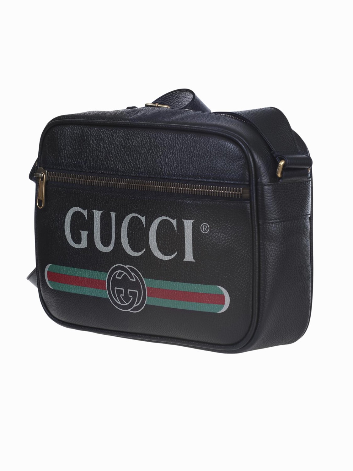 shop GUCCI Saldi Borsa: Gucci Black leather with Gucci vintage logo crossbody bag.
Brass hardware.
Front zipper pocket.
Interior zipper pocket and two smartphone pockets.
Adjustable leather strap with 19.5" drop.
Top zipper closure.
Dimensions: Length 33.5 cm, Height 23.5 cm, Depth 9.5 cm.
Cotton and linen lining.
Made in Italy.. 523589 0QRAT-8163 number 8209680